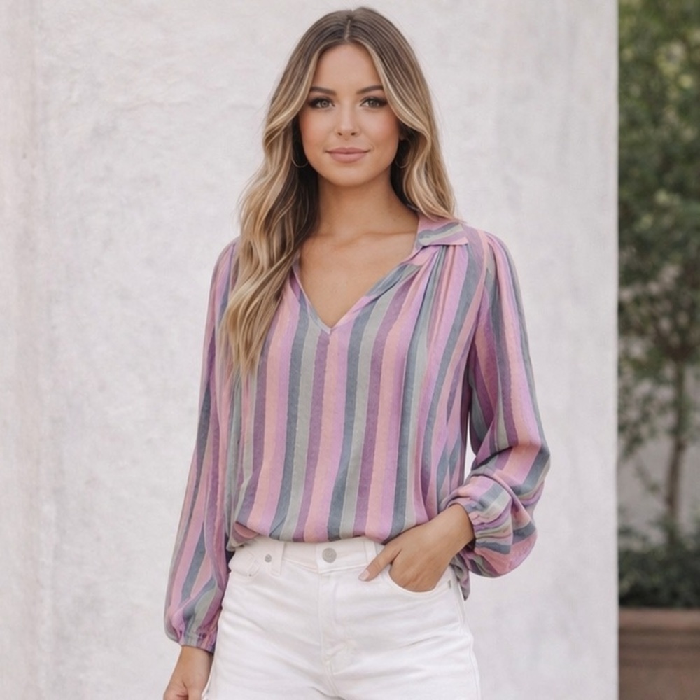 Self Contrast Striped Blouse Top Pink Purple Green Boho Size Small